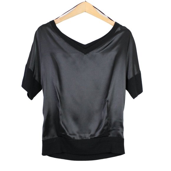 H&M Black Short Sleeve V-neck Contrast Satin Blouse - Picture 1 of 13
